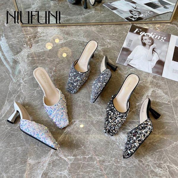 

baotou half slippers stiletto square toes high-heeled women's sandals one-step slippers sequins solid color casual women's shoes, Black