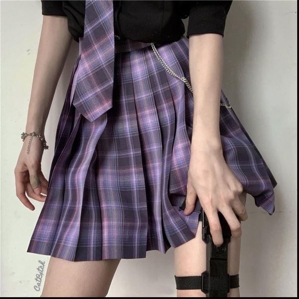 

women purple black gothic pleated plaid skirt summer high waist harajuku japanese students clothes cute mini skirts cosplay