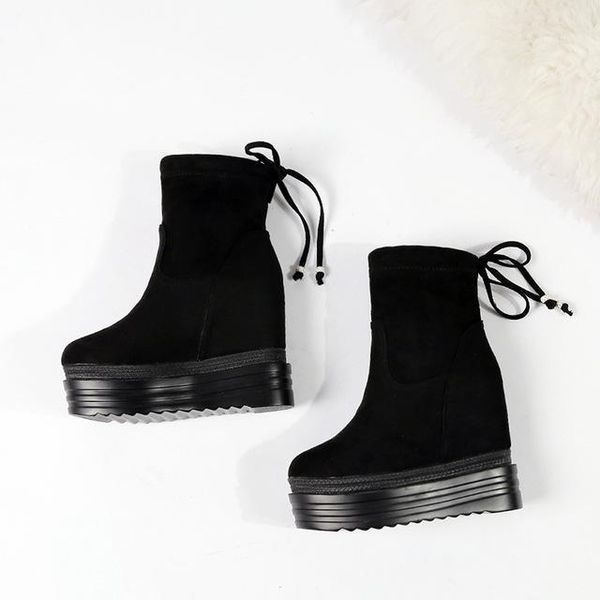 

boots women's short boot wedge shoes rubber booties ladies round toe bootee woman 2021 mid-calf 12cm winter mid calf high heel1, Black