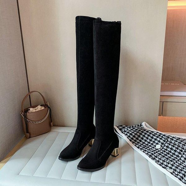 

boots slim fit elastic flock over the knee women shoes 2021 autumn winter ladies high heel overknee long thigh botas, Black
