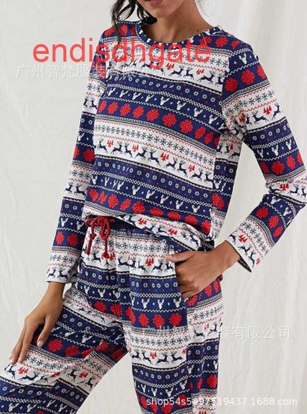 

neck 2020 snowflake comfortable elk print drawstring crew pajamas suit, Black;white