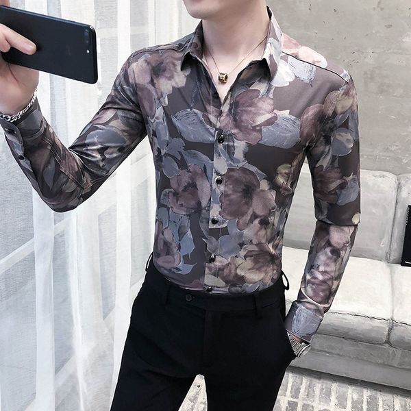 

spring 2021 new floral men long sleeve shirts simple fine tuning streetwear tuxedo night club homme 3xl-m 1alv, Black;brown