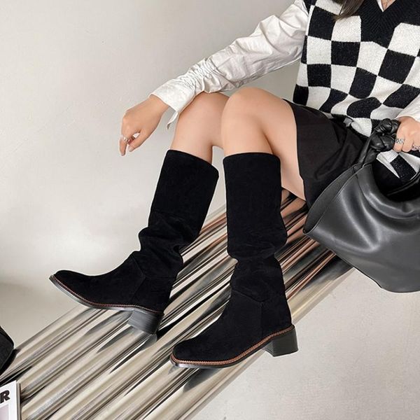 

boots fashion women pleated black brown shoes ladies winter faux suede wide calf slouchy kneehigh chic footwear size 34-42