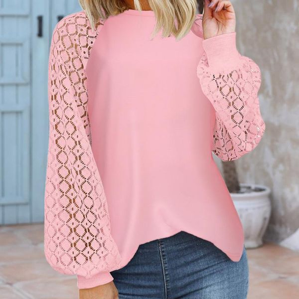 

women's blouses & shirts blouse lace mesh lantern sleeve round neck pullover casual loose shirt tee harajuku blusas mujer de moda 2021, White