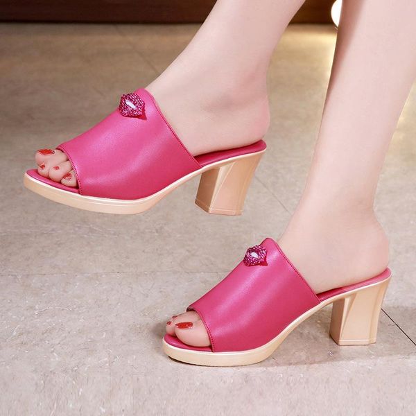 

slippers high-heeled shoes lady woman's candy colors peep toe square heel slides big size med 2021 block rome basic fabric pu ru, Black