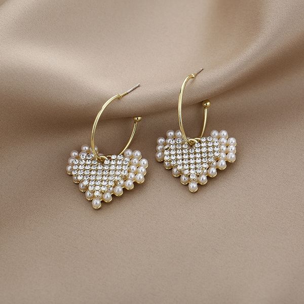 

925 silver needle love pearl earrings with diamond earrings