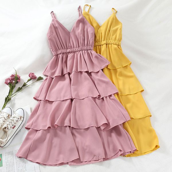 

casual dresses mini chiffon dress for women, vintage women's with high waist elastic, line a, 4-layer, r185, summer, uyeh, Black;gray