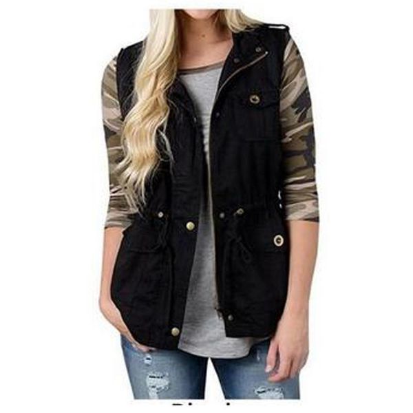 

women's vests women olive cargo utility safari vest pockets drawstring army top, Black;white