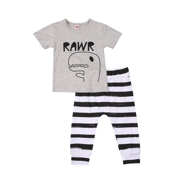 

0-3y summer infant baby boys clothes sets animal printed short sleeve t shirts striped pants, White