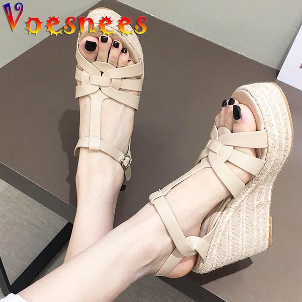 

sandals 2021 summer rope bottom narrow band wedges platform high heels peep toe gladiator women shoes size 34-41, Black