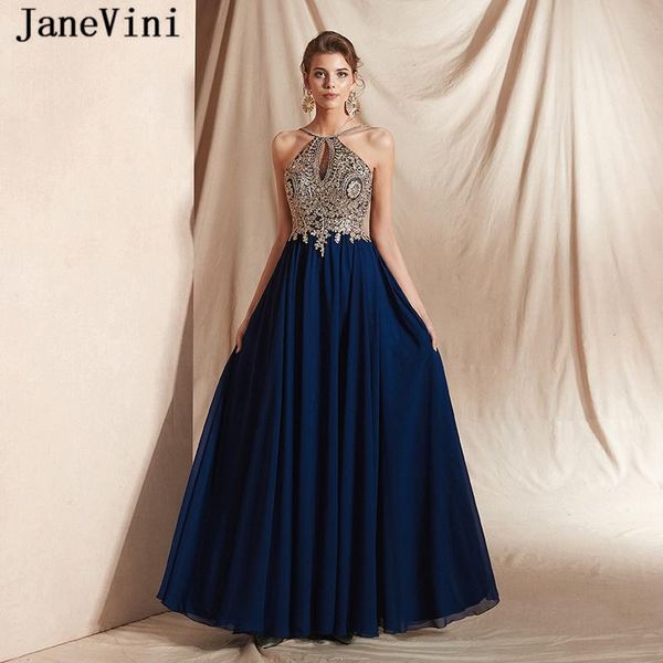 

party dresses janevini elegant navy blue long chiffon prom 2021 a line halter gold lace appliques beaded backless evening gowns, White;black