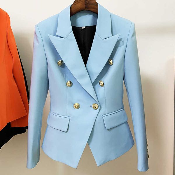 Blazer blu cielo Donna 2021 Nuovo cappotto giacca femminile Moda Fibbia in metallo Doppio petto Bottoni dorati Abito Baby Blue Blazer X0721