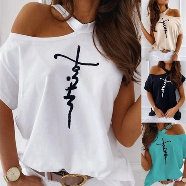 

women plus size ladies one shoulder letter printed t-shirt summer loose cute tee shirt vogue female t-shirts c0220, White