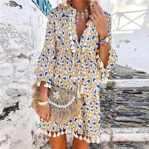 

2021 new fashion vintage print tassel design party women summer elegant v-neck 3/4 sleeve a-line es ladies casual loose 288t, Black;gray