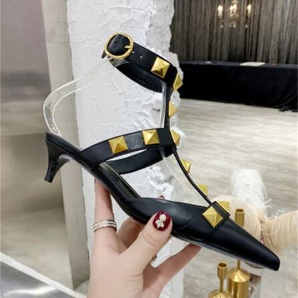 

dress shoes new arrival women pointed sandals + box high heel big rivets 4cm thin 42 jpvl, Black