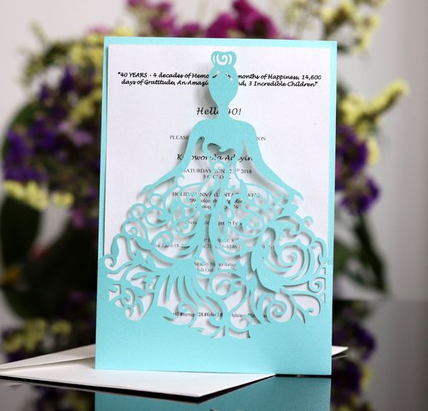 Laser -Cut -Einladungen OEM -Unterstützung, die mit Mädchen im Kleid gefaltete Hollow Wedding Party Einladungskarten mit Umschlägen angepasst wurden