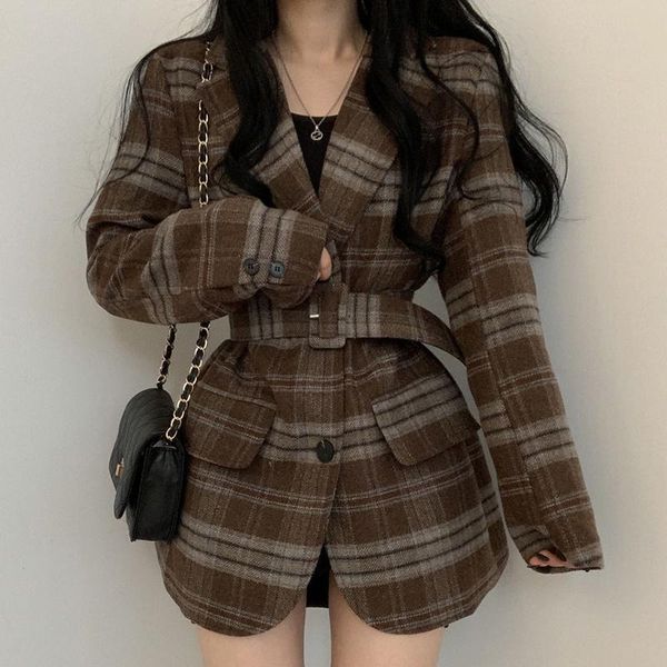 

women's wool & blends [ewq] korean chic temperament lapel single breasted lace up waist slim long sleeve plaid suit woolen coat women 2, Black