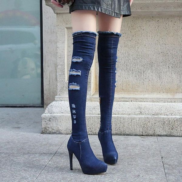 

boots women's over-the-knee fashion women denim zipper round toe high heel shoes sapato social botas, Black