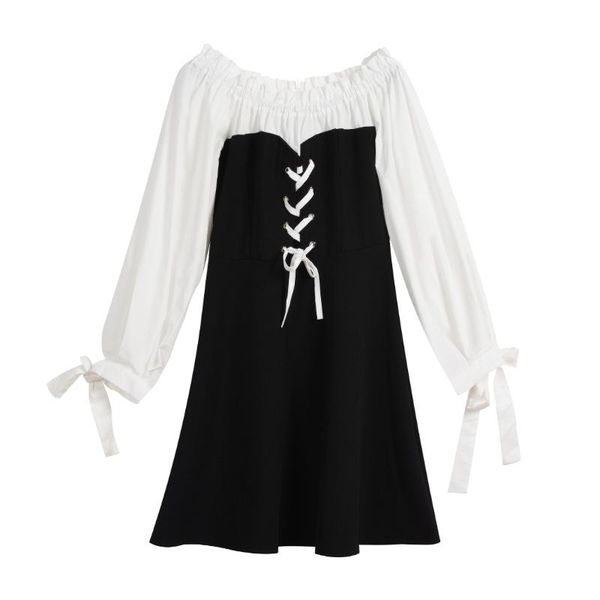 

casual dresses black white slash neck long sleeve patchwork mini dress female women spring elegant lace-up d3040, Black;gray