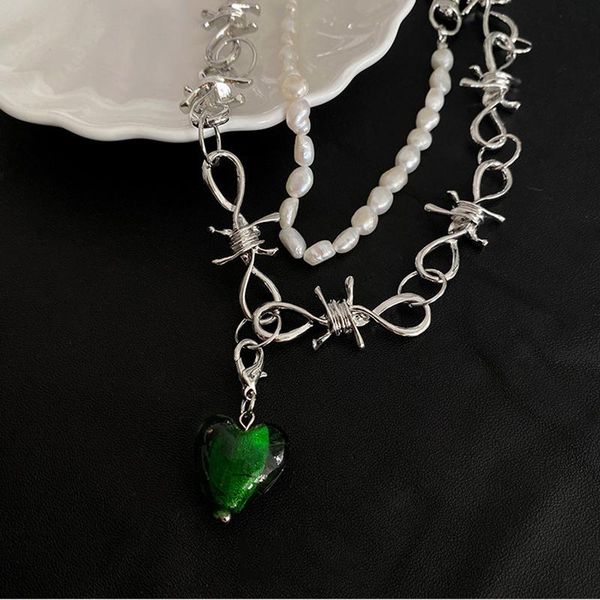 

pendant necklaces niche design personality multilayer women green heart shape pendants clavicle chain trend hip-hop irregular jewelry, Silver