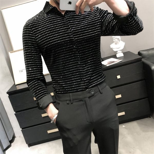 

2021 spring new quality velvet gold long shirts for fine men's clothes fitting points print casual blouse homme comfortable 3xl k9sd, White;black