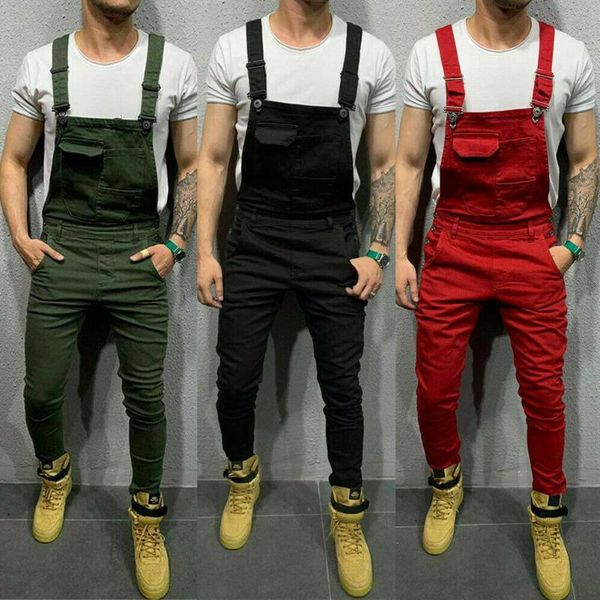 

men's jeans high street pockets men fashion slim fit denim jumpsuits modish strap overalls casual suspender distressed pant, Blue