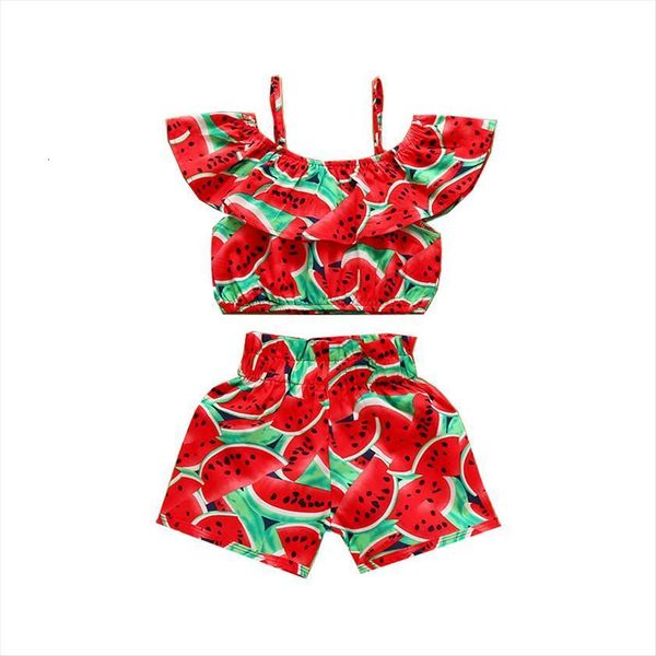 

1 6 year old toddler baby girl clothes watermelon sunflower print ruffle drop shoulder strap shorts 2 piece summer, White