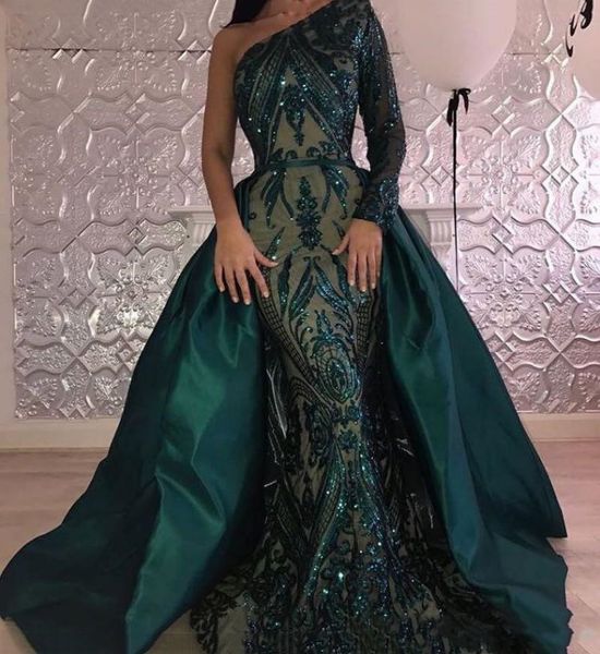 2022 luxo escuro verde brilhante noite vestidos um ombro ocasião formal vestidos sereia vestidos de baile de lantejoulas com trem destacável