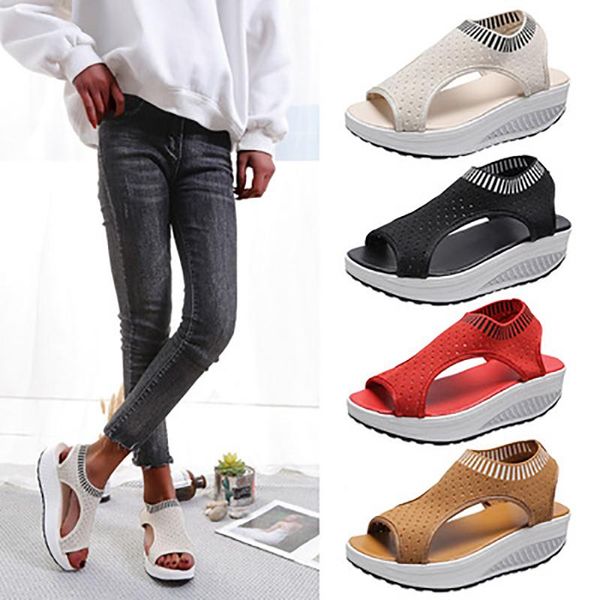 

sandals 2021 women's wedges footwear summer platform women shoes female slip on peep toe knitted ladies sneakers casual, Black
