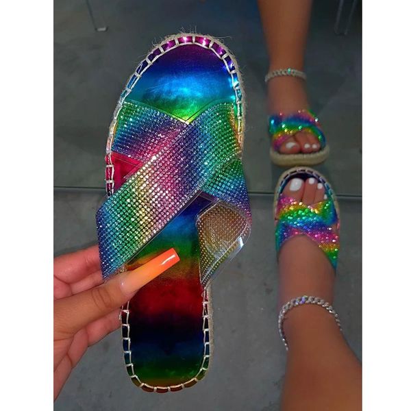 

slippers summer rhinestone rainbow shoes fashion open toe flat sandals outdoor casual women's beach plus size, Black