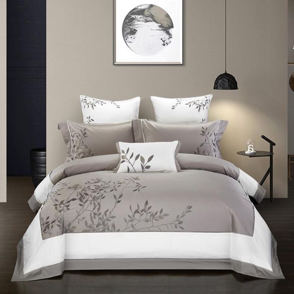 

bedding sets embroidery chinoiserie style duvet quilt cover grey leaves comforter  king 4pcs set bed sheets fitted sheet