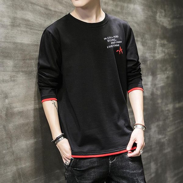 

men's t-shirts men t-shirt long sleeve 2021 arrival spring and autumn male cotton letter student korean style khaki black gray t59, White;black