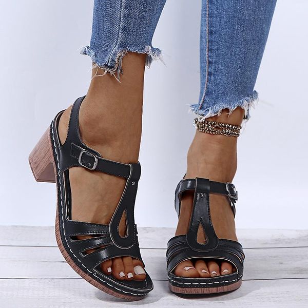 

sandals 2021 summer ladies explosions pu women super high heel thick with large size 43 casual shoes zapatos de mujer sandalias, Black