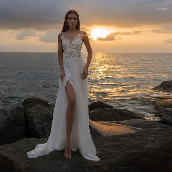 

other wedding dresses front split boho white beach bridal gowns scoop sleeveless applique bodice chiffon floor length 2021 custom made1