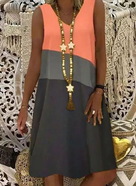 

spring 5xl 3 color women dresses printing sleeveless v neck knee length loose casual dress, Black;gray