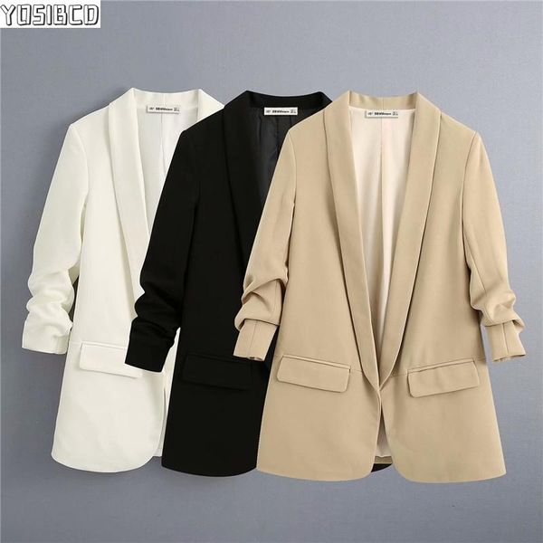 

yosibcd women 2021 fashion office wear basic blazer coat vintage rolled-up sleeves pockets female outerwear chic, White;black