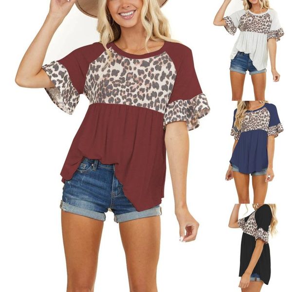 

women's t-shirt kuelawear round neck leopard print short sleeve women loose summer ladies lotus casual pullover 2021, White