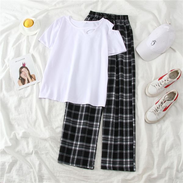 

casual women elastic waistline plaid leg looses women's simply chic student pants in fashion lady of the all-match harajuku new rn9r, Black;white
