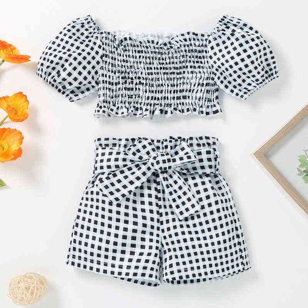 Toddler Kid Baby Girl Summer Outfits Set Ruffle Sleeve Crop Top Baggy Denim Shorts 2 peça Playwear Dailywear G220217