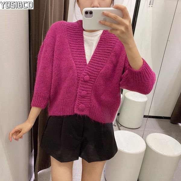 

yosibcd women 2021 fashion buttons cropped knitted cardigan sweaters vintage three quarter sleeve female outerwear chic, White