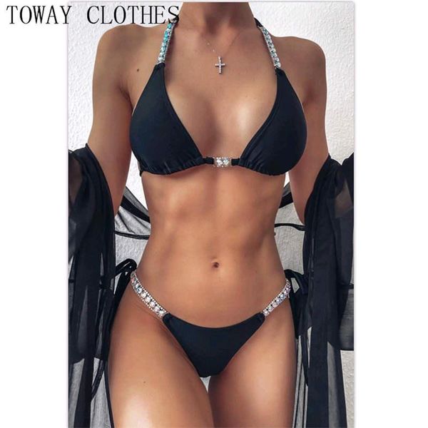 

women sleeveless studded rhinestone tied detail halter bikini set beach seaside
