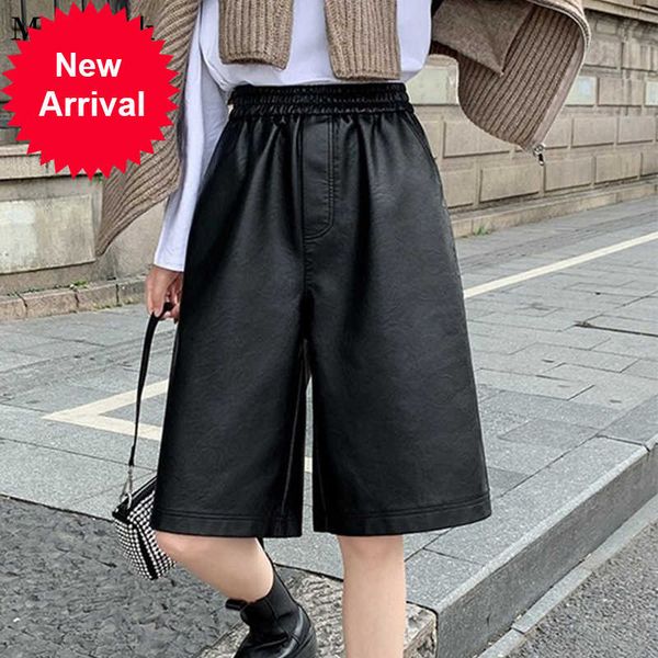 

new fashion black pu leather shorts autumn winter casual wide leg pants women elastic waist loose short mujer 12238, White;black