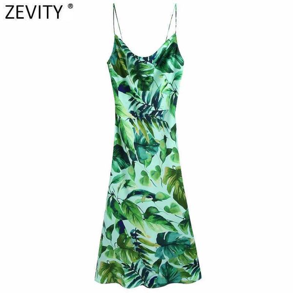 Zevity Frauen Tropical Green Leaves Print Inner Sling Kleid Weibliche Spaghetti Strap Side Split Vestidos Chic Sommer Kleider DS8278 210603