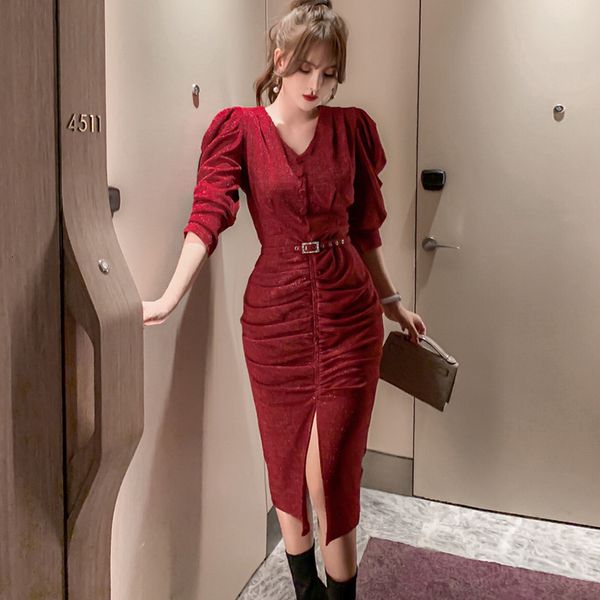 

new arrival fashion korean spring party night club women ol temperament vintage puff sleeve slim shiny split midi dress 2gkh, White;black