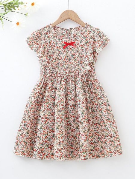 

girls ditsy floral bow detail ruffle trim dress she, Red;yellow