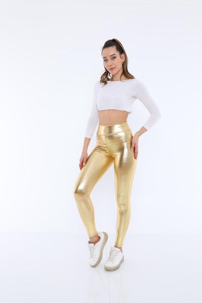 

women's leggings gold metallic shiny high waist wide belt with minimizing leather look avant-garde disco wot101, Black