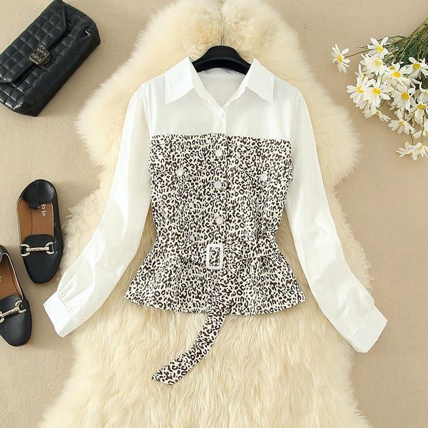 

streetwear leopard white lantern sleeve blouse shirt patchwork contrast color 2021 fashion women blouses cardigan belt new