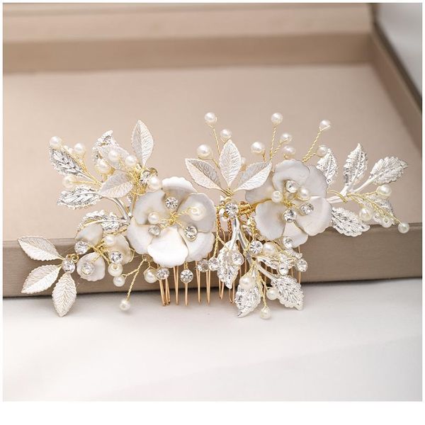 

luxury golden flower pearl hair combs headdress prom bridal wedding hair accessories leaves hair jewelry pins qylvje, Silver