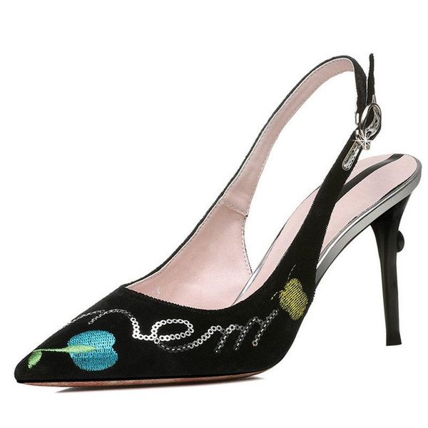 

velvet high heels black gray pointed toe women's stiletto single shoes 2021 summer new embroidered women's shoes spring style