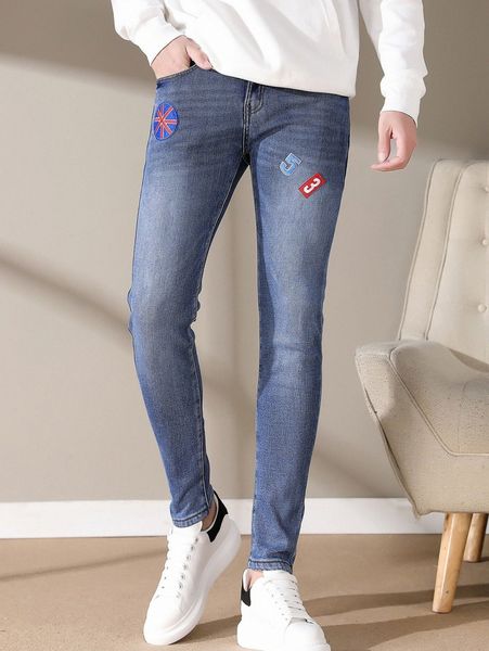 

men patch detail slant pocket skinny jeans c2he#, Blue